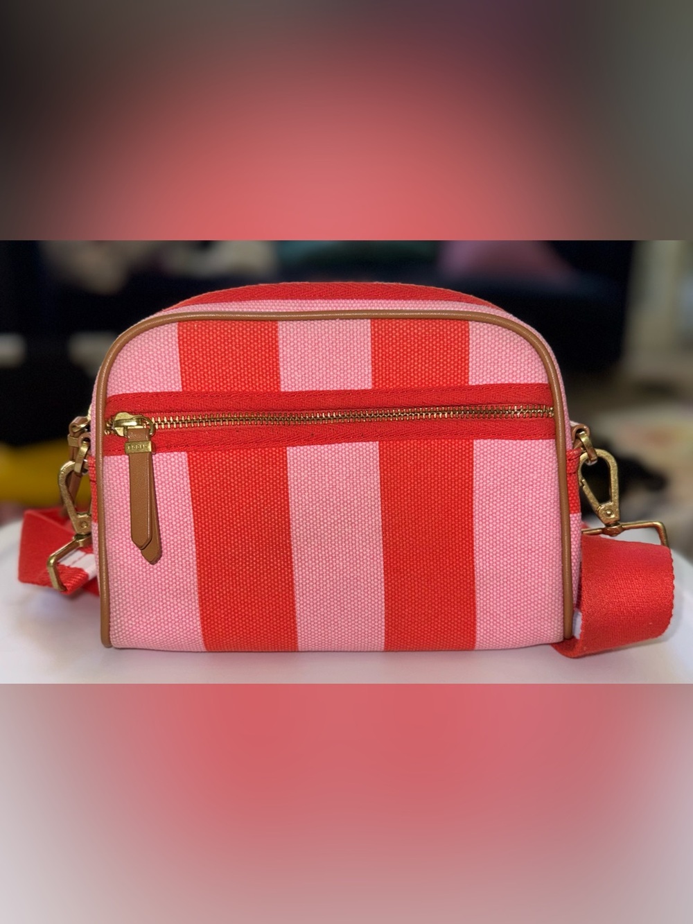Boden: pink and red striped canvas cross body purse - Picture 2 of 3